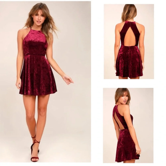 LuLu’s Burgundy Velvet Backless Skater dress style 66233 size Medium GUC - Picture 1 of 13